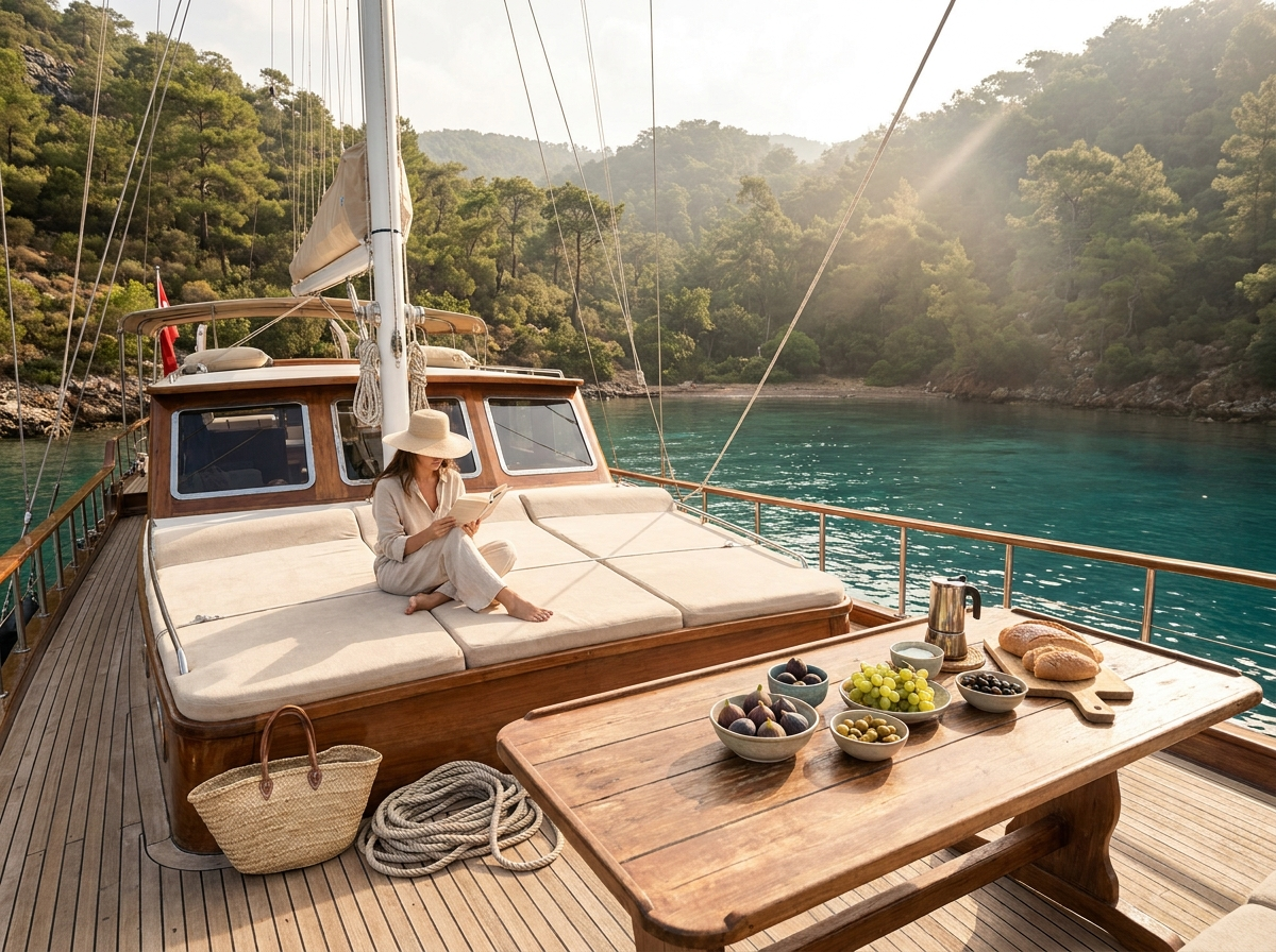 Luxury weekly yacht charter with Blu Yachting, featuring spacious cabins, gourmet dining, crystal-clear Aegean bays and unforgettable seven-day cruising along the Bodrum coastline.
