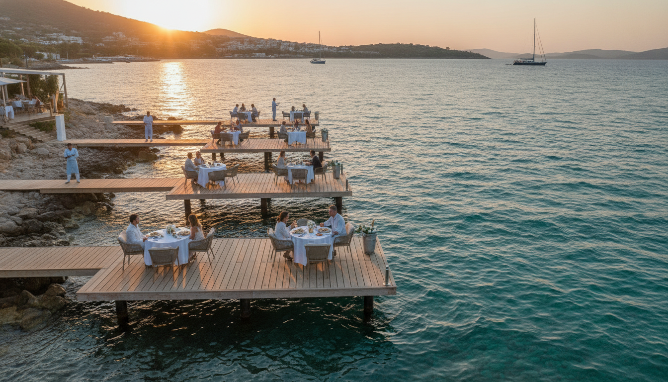 Luxury yacht anchored beside a waterfront restaurant in Bodrum, offering an exclusive seaside dining experience accessible directly by yacht.