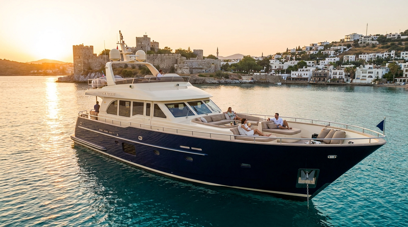 Luxury motor yacht cruising through Bodrum’s turquoise bays, with guests swimming, sunbathing and enjoying a private boat trip along the Aegean coast.
