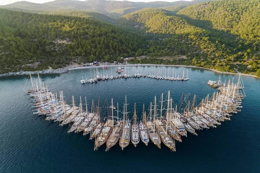 Kissebükü (Alakışla) Bay in Bodrum with crystal-clear turquoise waters, ancient coastal ruins and a luxury yacht anchored in a peaceful secluded cove.