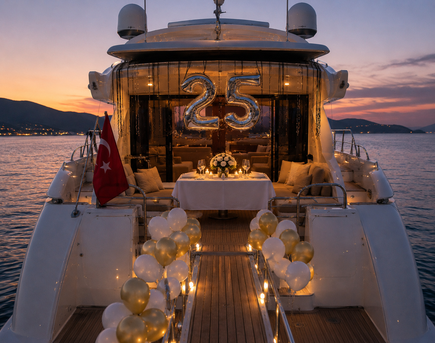 Guests boarding a luxury yacht in Bodrum for a private celebration, with elegant decorations, personalized service and a sunset party at sea.