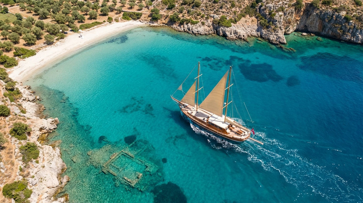 Luxury yacht anchored at Orak Island and Aquarium Bay, surrounded by crystal-clear turquoise water and vibrant marine life in Bodrum.