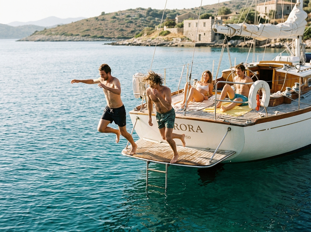 Luxury yacht departing from Bodrum for a day trip to nearby Greek islands and scenic coastal destinations, offering unforgettable Aegean travel experiences.
