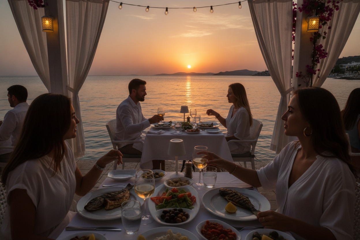 Luxury yacht anchored in a secluded Bodrum bay near a charming waterfront restaurant, where guests enjoy fresh seafood and panoramic Aegean views.