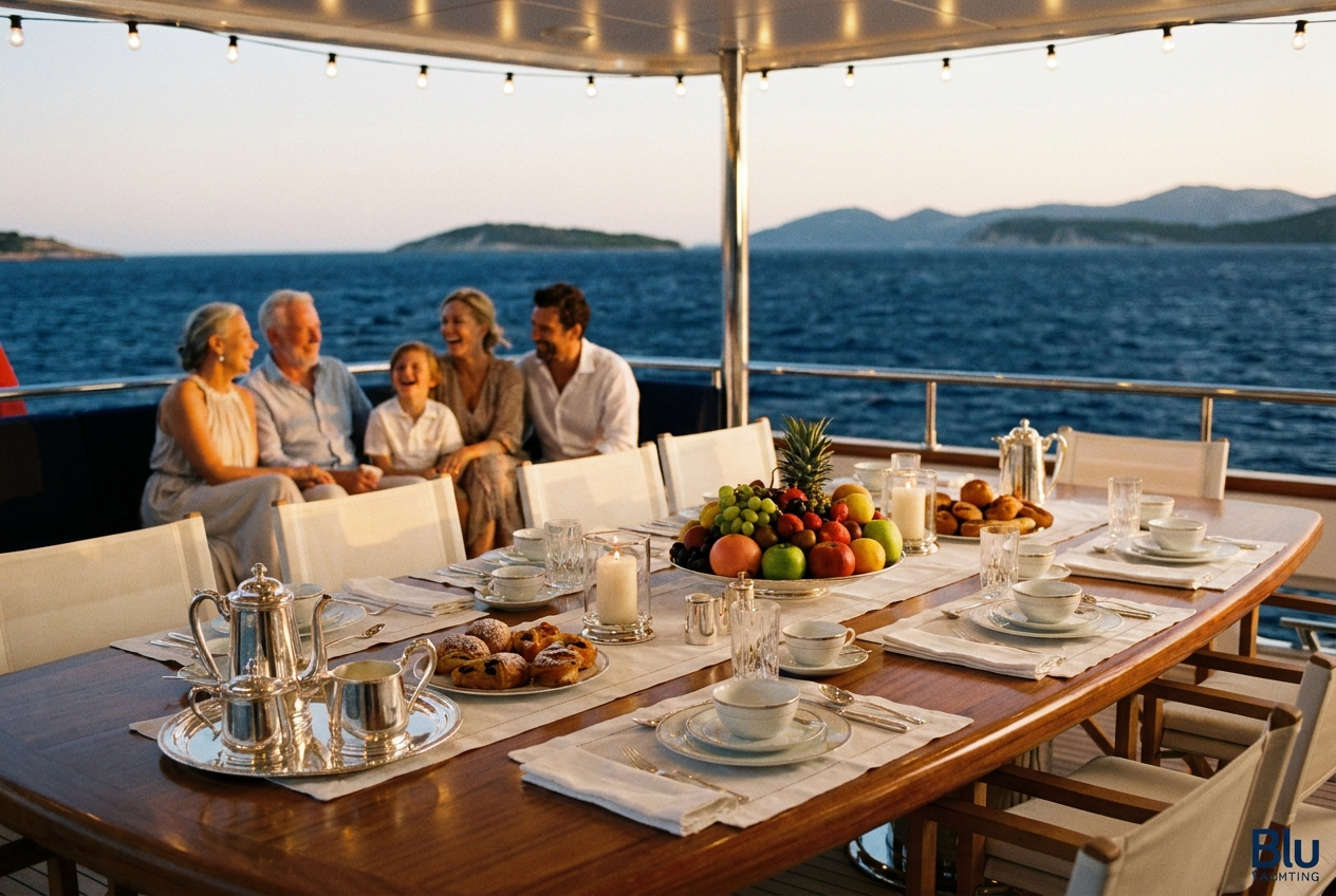 Traditional Turkish meze served on the deck of a luxury yacht in Bodrum, featuring fresh Aegean appetizers, olive oil dishes and Mediterranean flavors overlooking the sea.