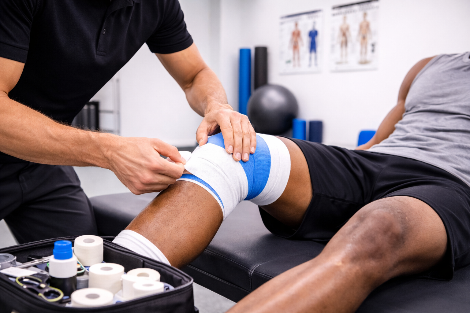 Athletic trainer applying kinesiology tape to a patient's knee during physical therapy session.