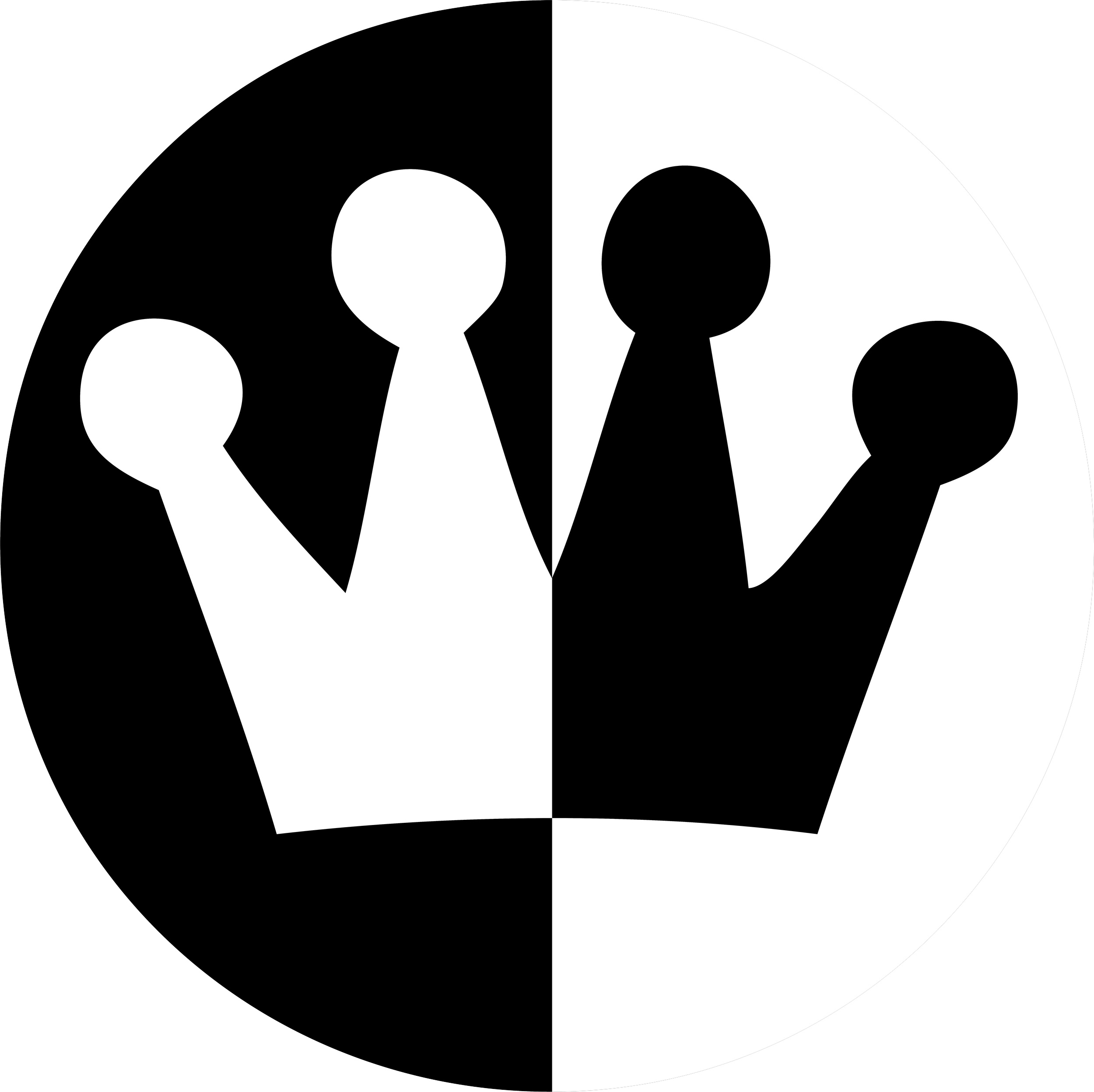 Black and white circular icon of two contrasting abstract figures with heads and arms, symmetrically mirrored with one side in white and the other in black.