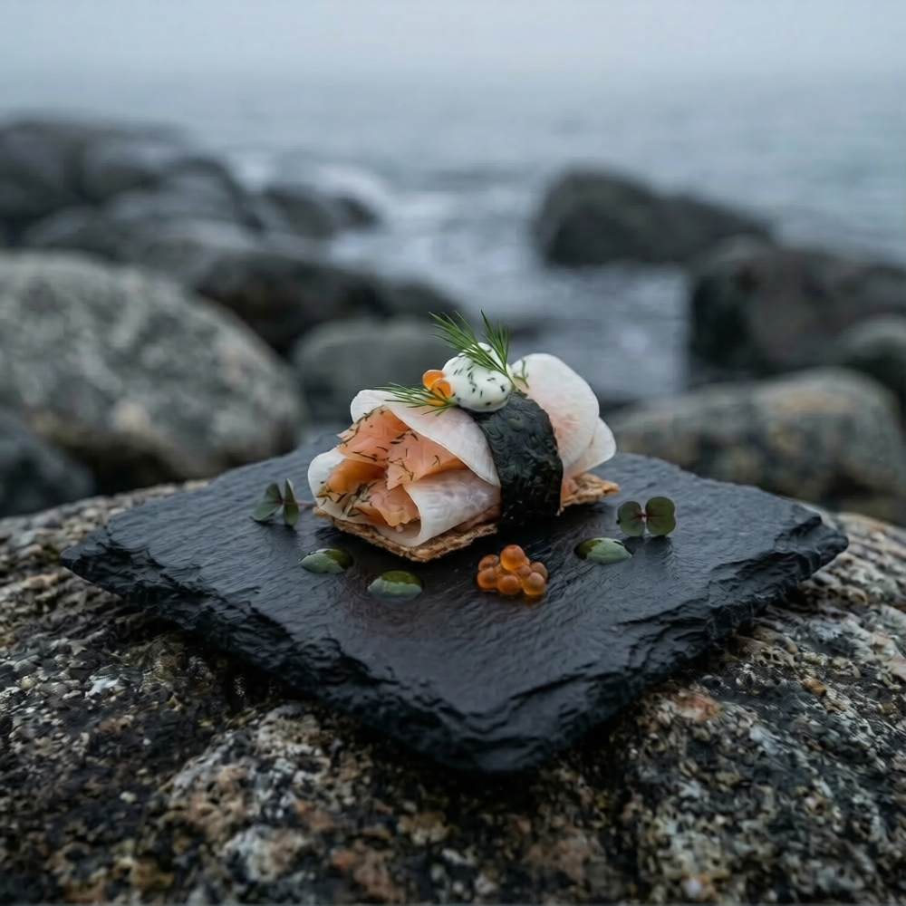 A beautifully arranged sushi roll on a black slate plate with garnishes, set on a rocky shoreline with the ocean in the background. Norwegian food. Norge