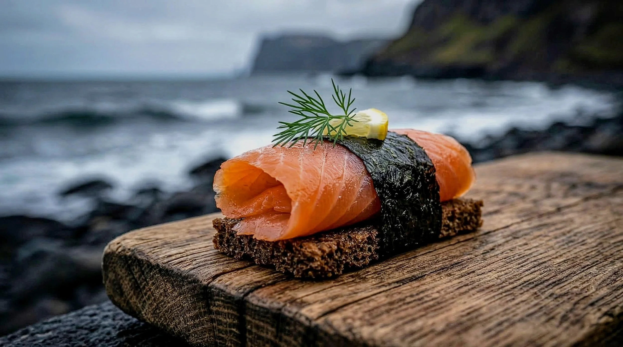 Smoked salmon on a black rice cake with seaweed, garnished with a lemon wedge and dill, on a wooden surface with a blurred ocean and rocky coastline in the background.