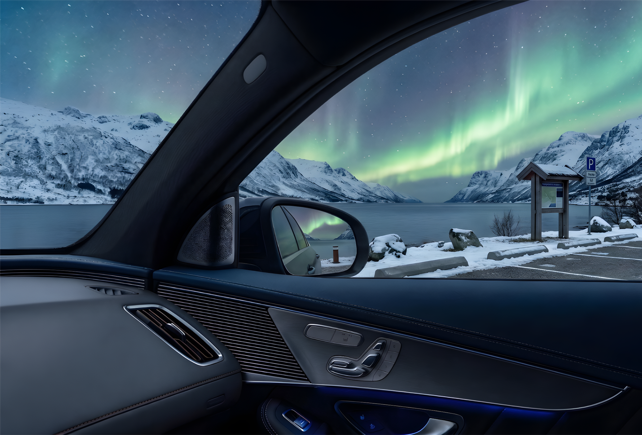 View of the Northern Lights over snow-covered mountains and a body of water, seen from inside a car with the dashboard and side mirror visible.
