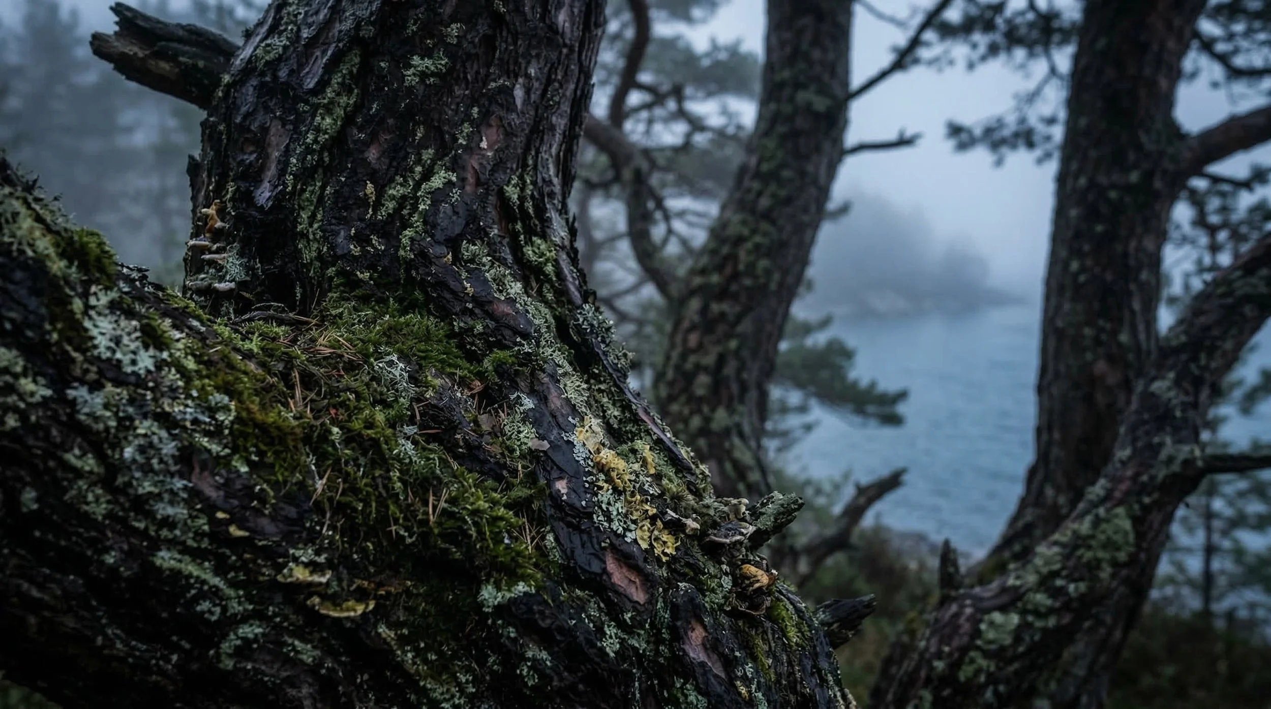 Close-up of a tree trunk covered in moss and lichens, with multiple trees and foggy landscape in the background. Norway