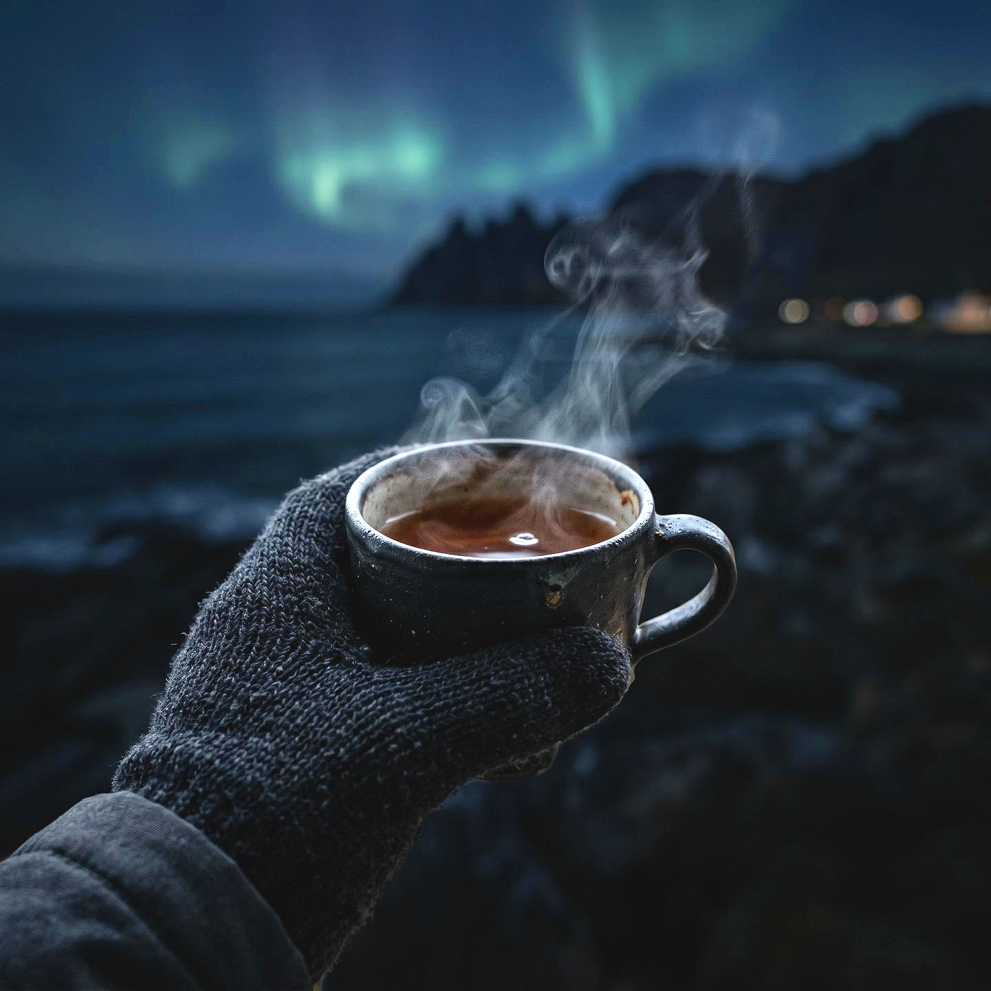 Person in a dark gray glove holding a steaming cup of tea or coffee outdoors near a rocky beach with cliffs and the Northern Lights in the sky at night. In Norway