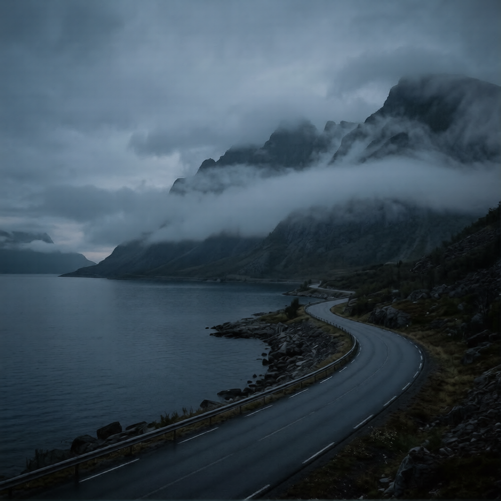 A winding road along a lake with mountains covered in clouds in the background, during cloudy weather. Norway fjord