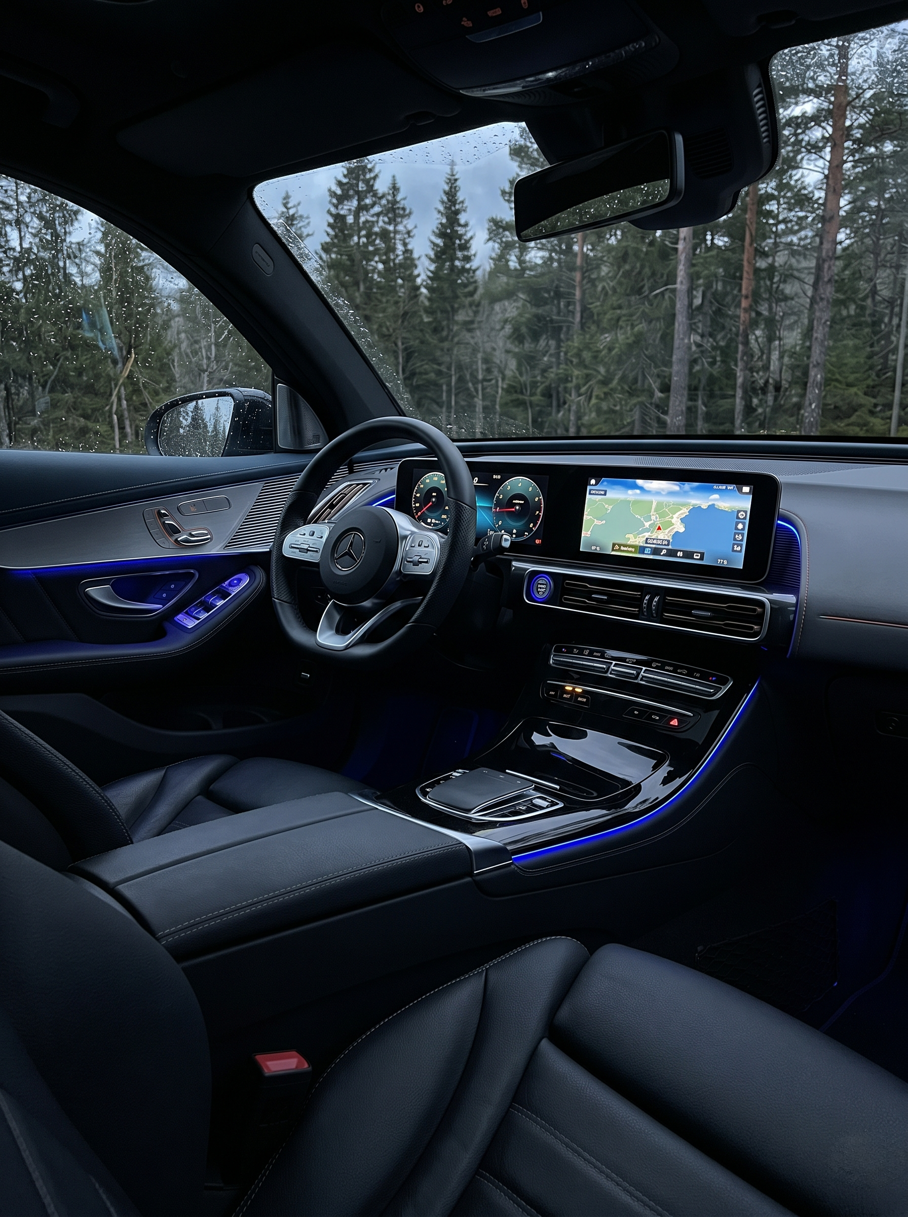 Interior of a luxury car  Mercedes Eqc 400 with a digital dashboard and navigation screen, black leather seats, and ambient blue lighting, with a forest and rainy weather visible outside through the windshield, in Norway.