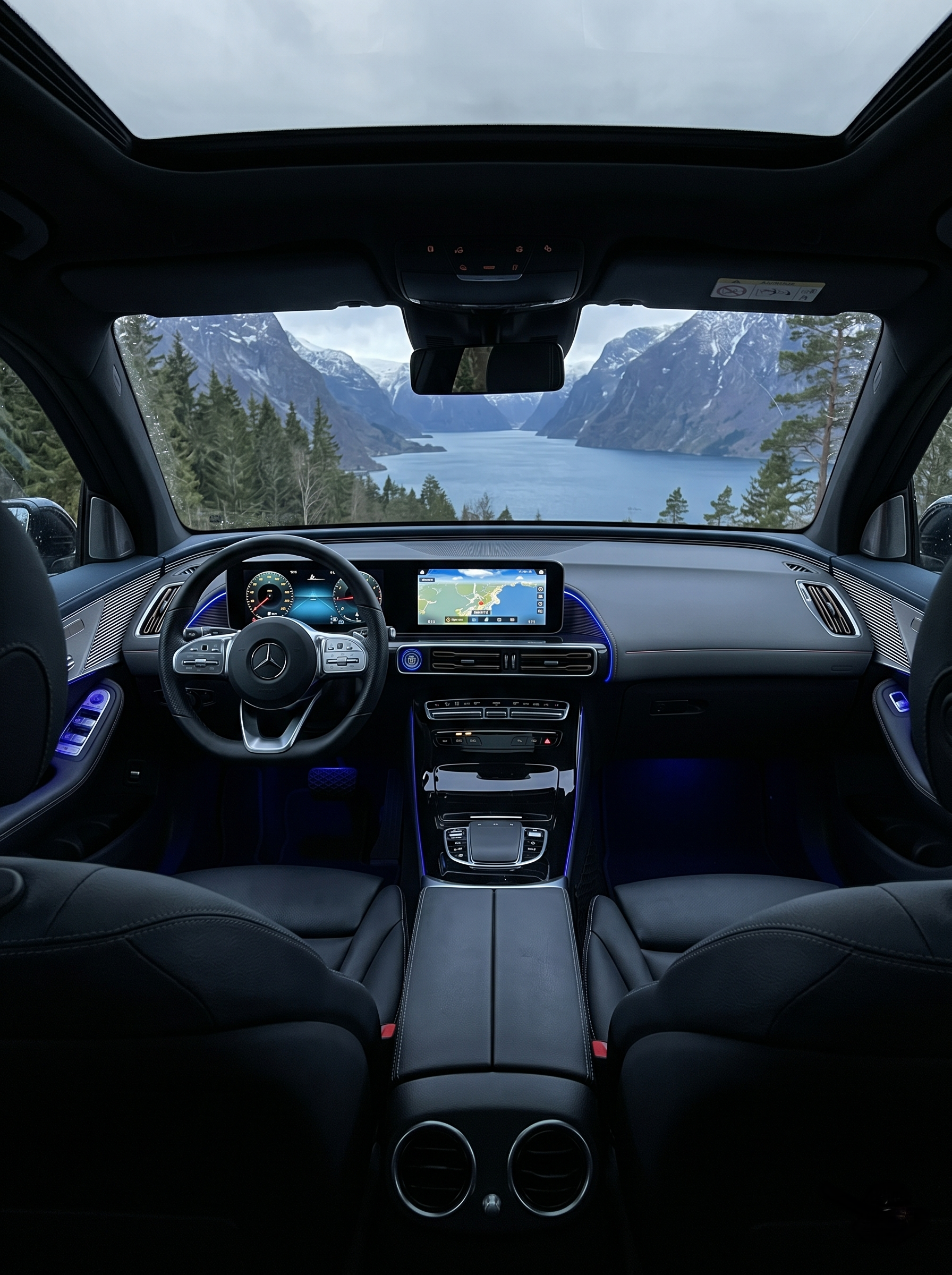 Interior of a luxury car Mercedes Eqc 400 showing a dashboard with a GPS screen, steering wheel, and climate vents, with a scenic mountain lake view visible through the windshield, in Norway.