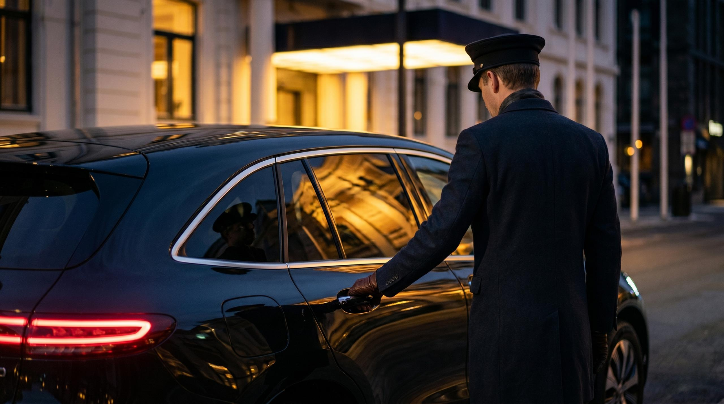 A chauffeur in a black uniform and cap opening the door of a luxury black car on a city street during evening time. In Norway.  Mercedes Eqc 400
