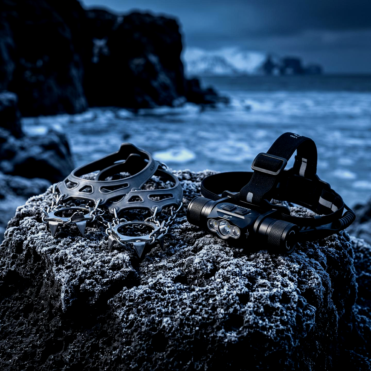 Headlamp, climbing restraints, and a wristwatch on a rocky surface at the coast with ocean waves and cliffs in the background. in Norway