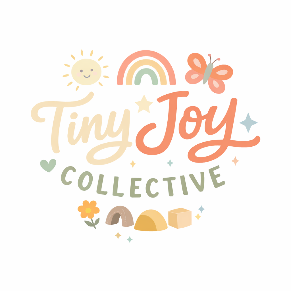 Logo for Tiny Joy Collective featuring a smiling sun, rainbow, butterfly, hearts, stars, flower, and various shapes in pastel colors.
