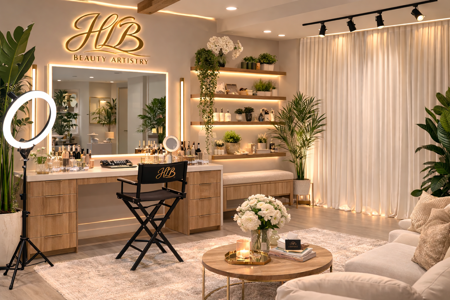 A beautifully decorated beauty studio with a large mirror, makeup station, ring light, and lush green plants, featuring cozy seating and soft lighting.