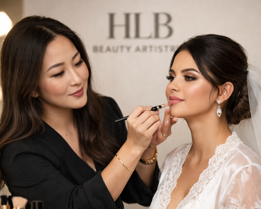A makeup artist applying lipstick to a bride's lips inside a beauty salon with a sign that reads 'HLB Beauty Artistry' in the background.