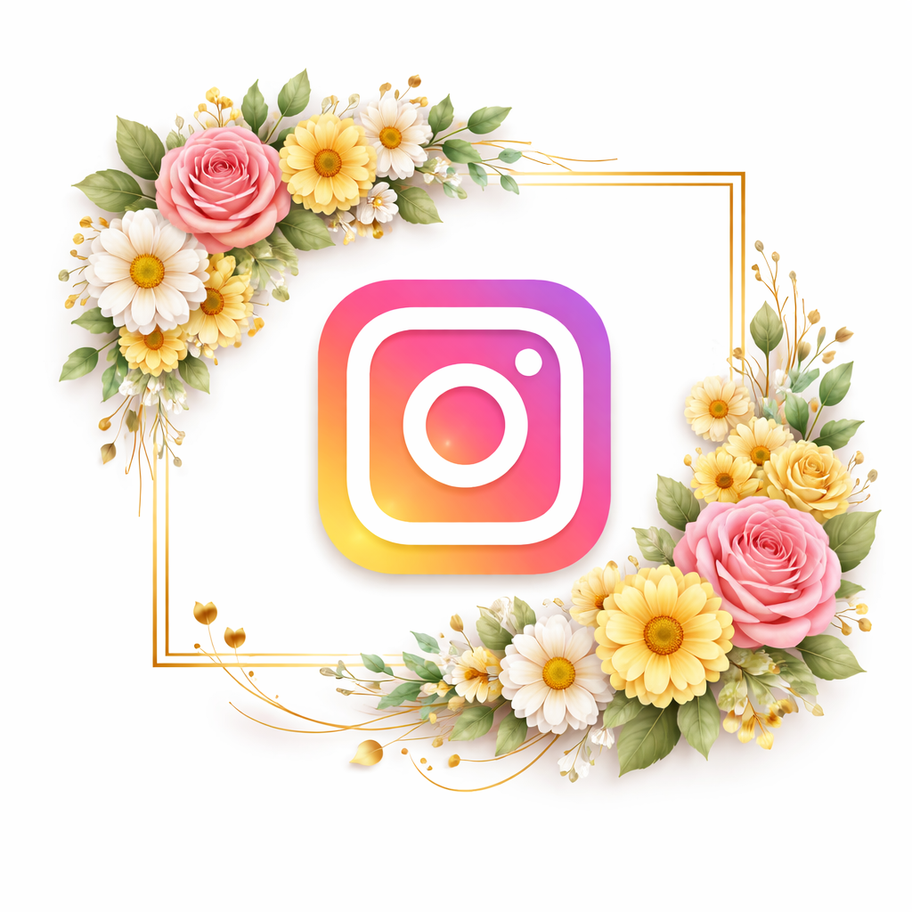 An Instagram logo surrounded by a floral arrangement of pink roses, yellow daisies, white daisies, and greenery, with a gold rectangular frame.