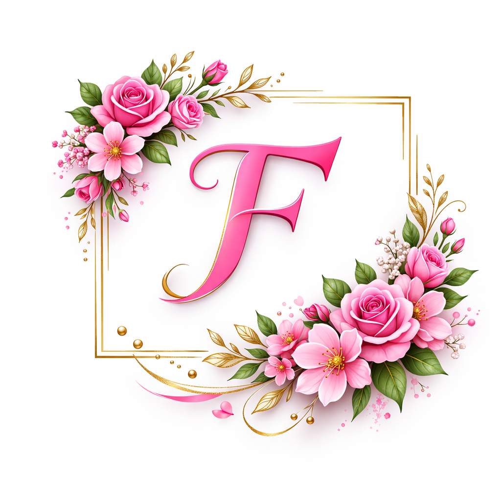 Pink floral wedding monogram with the letter 'F' surrounded by roses, cherry blossoms, and golden decorative accents on a white background.