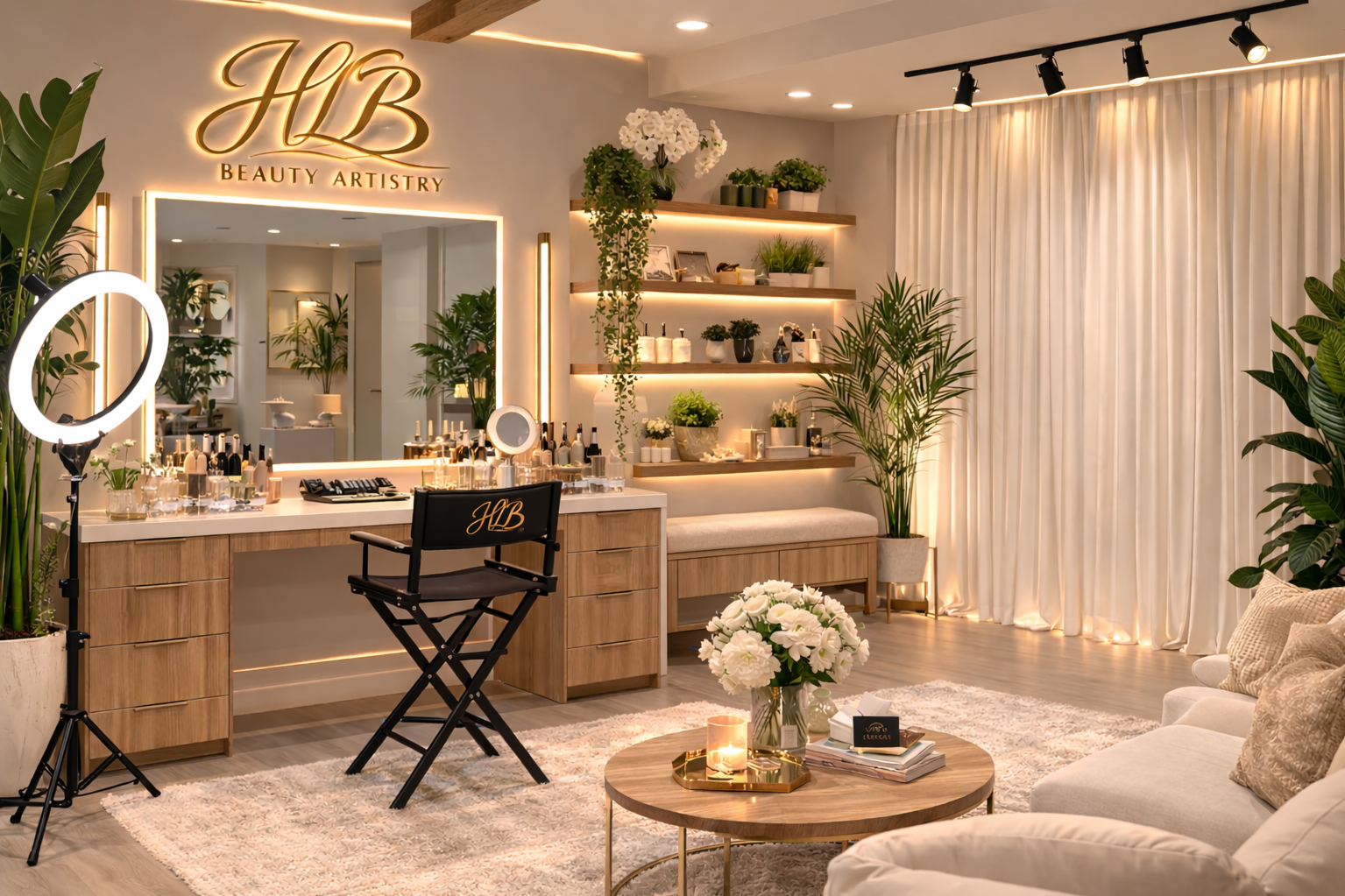 Beauty salon room with a large mirror, makeup products, and a director's chair with the initials 'HB' on the backrest. The room is decorated with plants, flowers, and soft lighting, creating an elegant and cozy atmosphere.