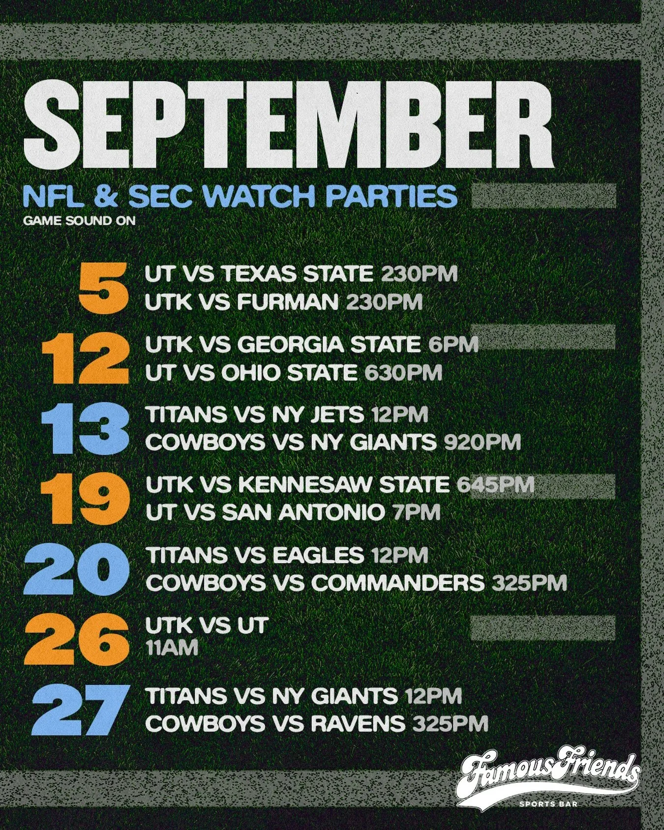 September is STACKED 🏈🍻 Who&rsquo;s coming to see us !?