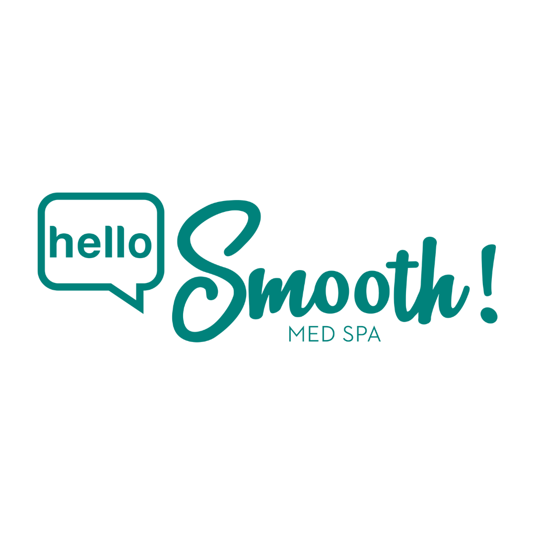 Logo for Hello Smooth Med Spa with speech bubble and stylized text.
