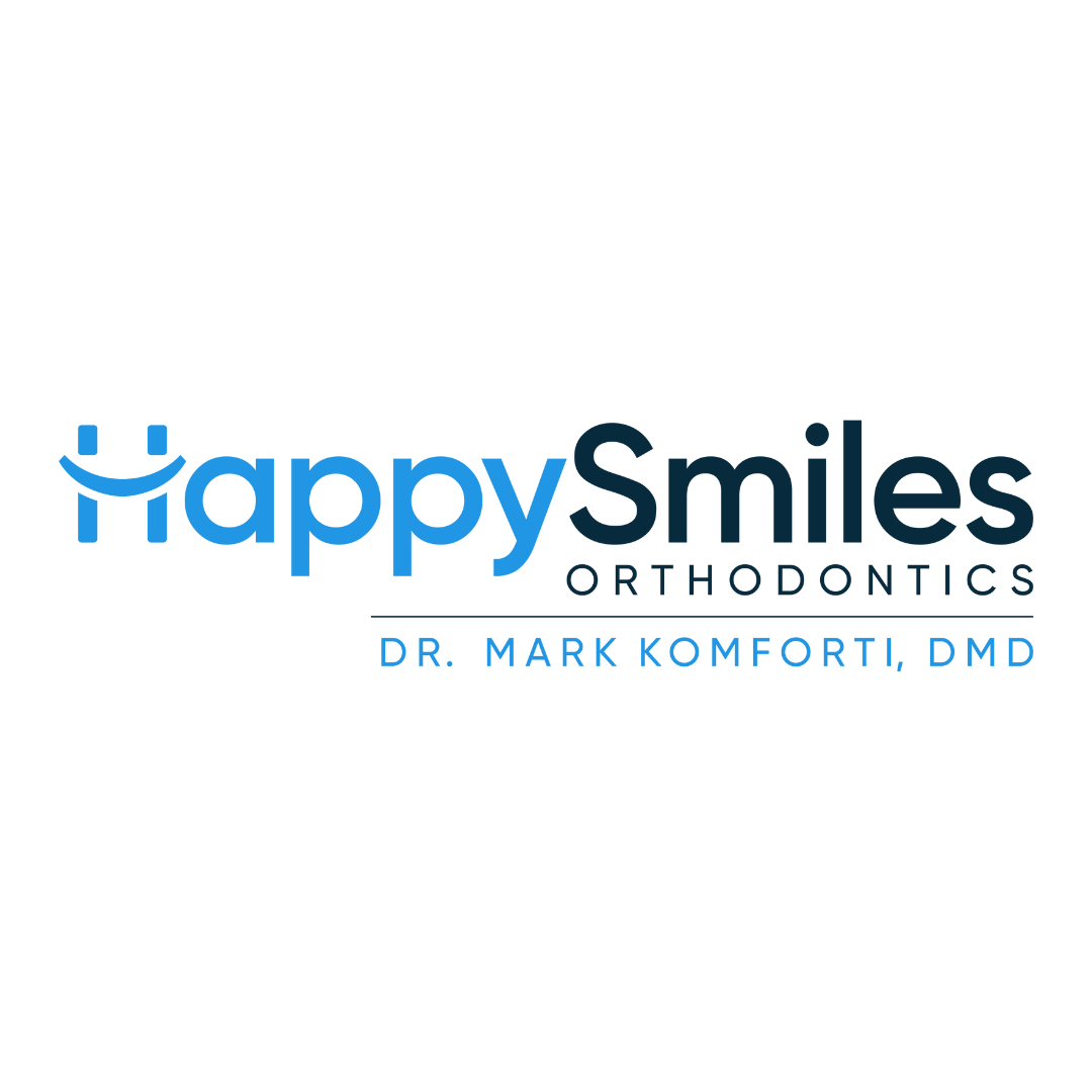 Logo for Happy Smiles Orthodontics featuring a smiley face incorporated into the letter H, with the text 'happySmiles' and 'Orthodontics' underneath, along with the name Dr. Mark Komforti, DMD.