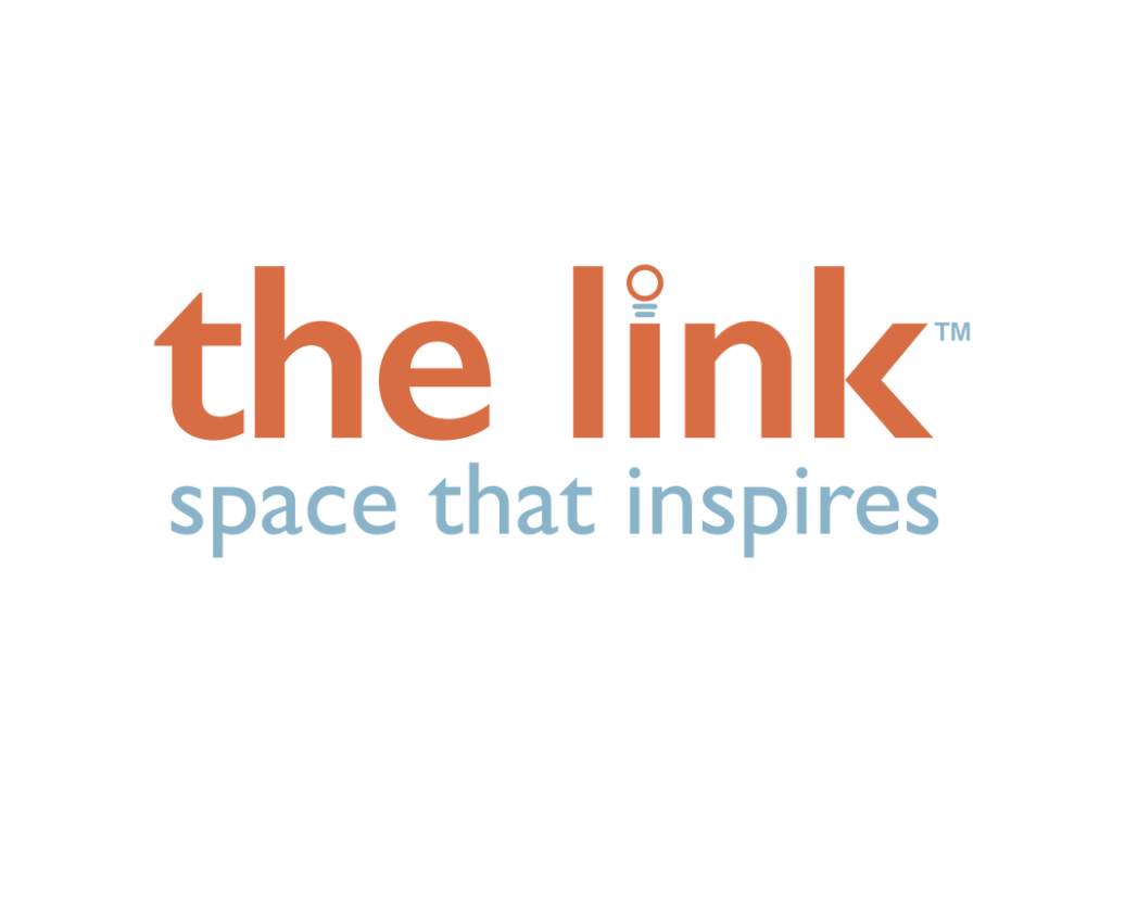 Logo with the words 'the link' in large orange and red letters and the phrase 'space that inspires' in smaller light blue letters underneath.