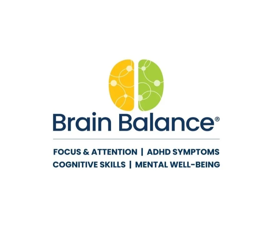 Logo for Brain Balance with a stylized brain graphic divided into yellow and green sections, and text emphasizing focus, attention, ADHD symptoms, cognitive skills, and mental well-being.
