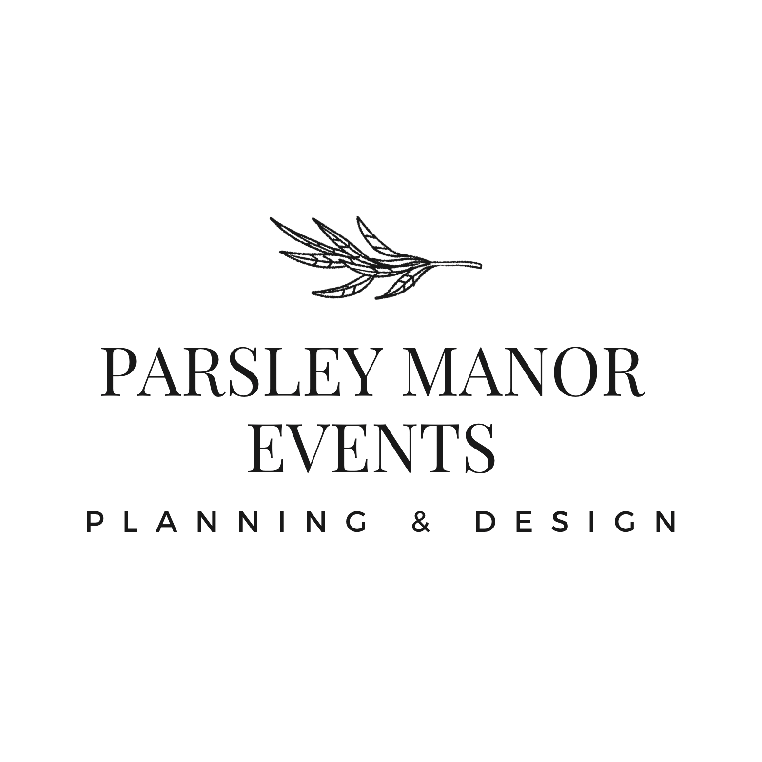 Logo for Parsley Manor Events, featuring a sprig of parsley and the text 'PARSLEY MANOR EVENTS PLANNING & DESIGN' in black.