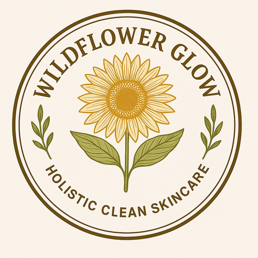 A logo with a sunflower in the center, surrounded by the text 'Wildflower Glow' at the top and 'Holistic Clean Skincare' at the bottom, all enclosed in a circular border.
