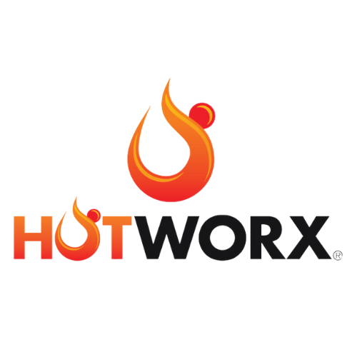 Logo for HotWORX featuring a flame in red and orange with the text 'HOT WORX' in bold letters, with 'HOT' partly in red and orange and 'WORX' in black.