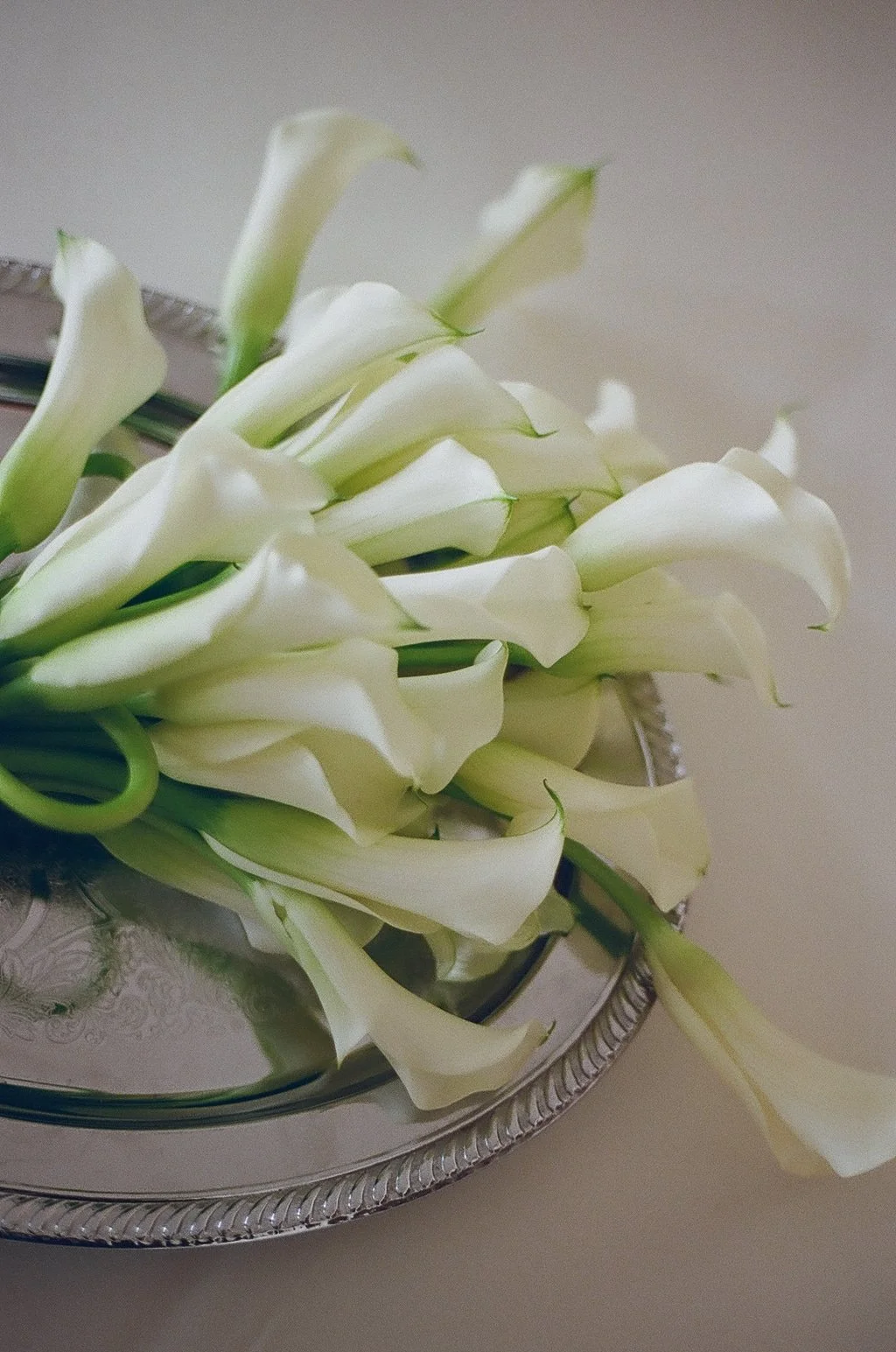 A close-up of a bundle of white calla lilies lying on a polished silver platter.