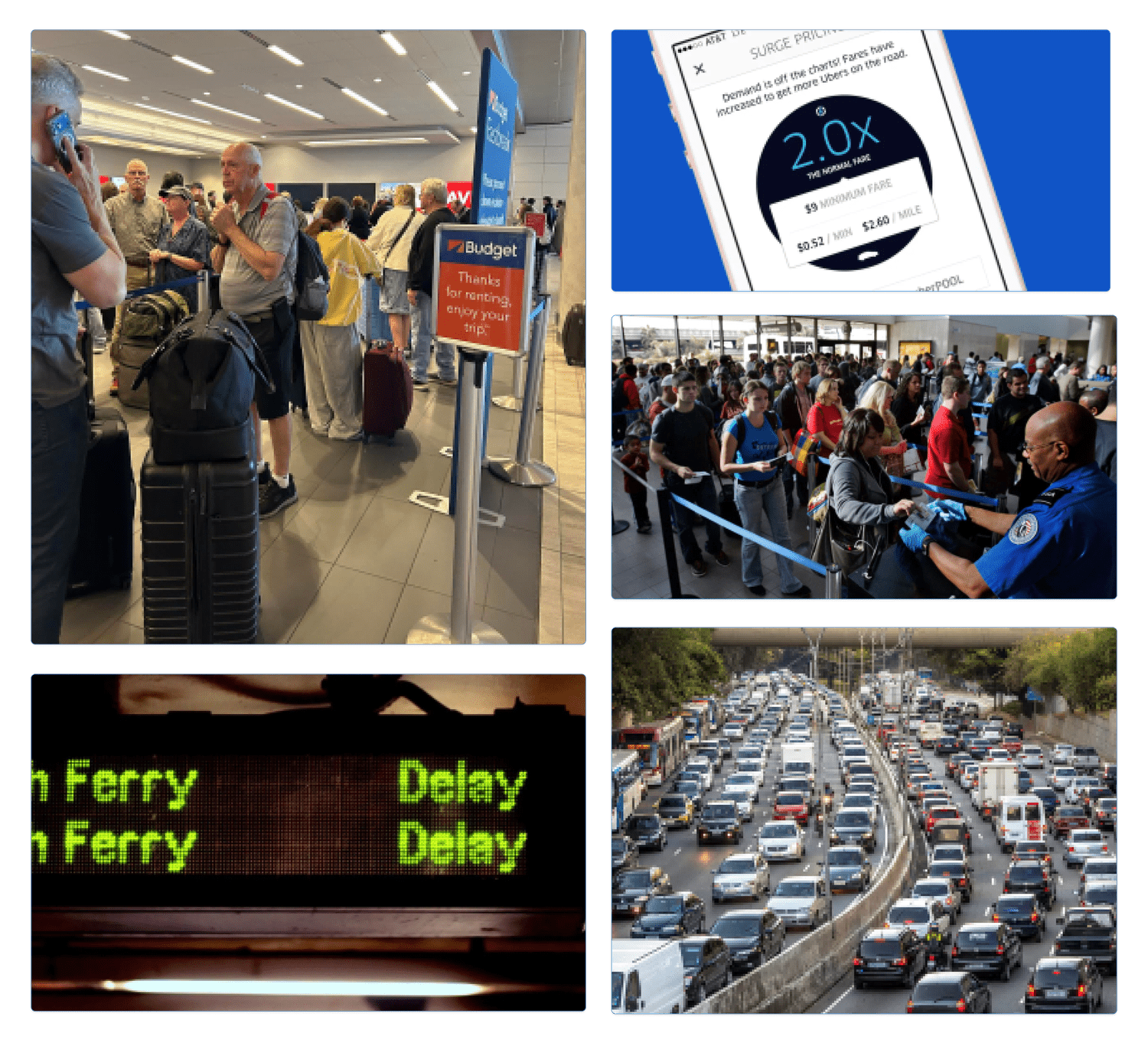 Rental queues, surge pricing, security lines and traffic