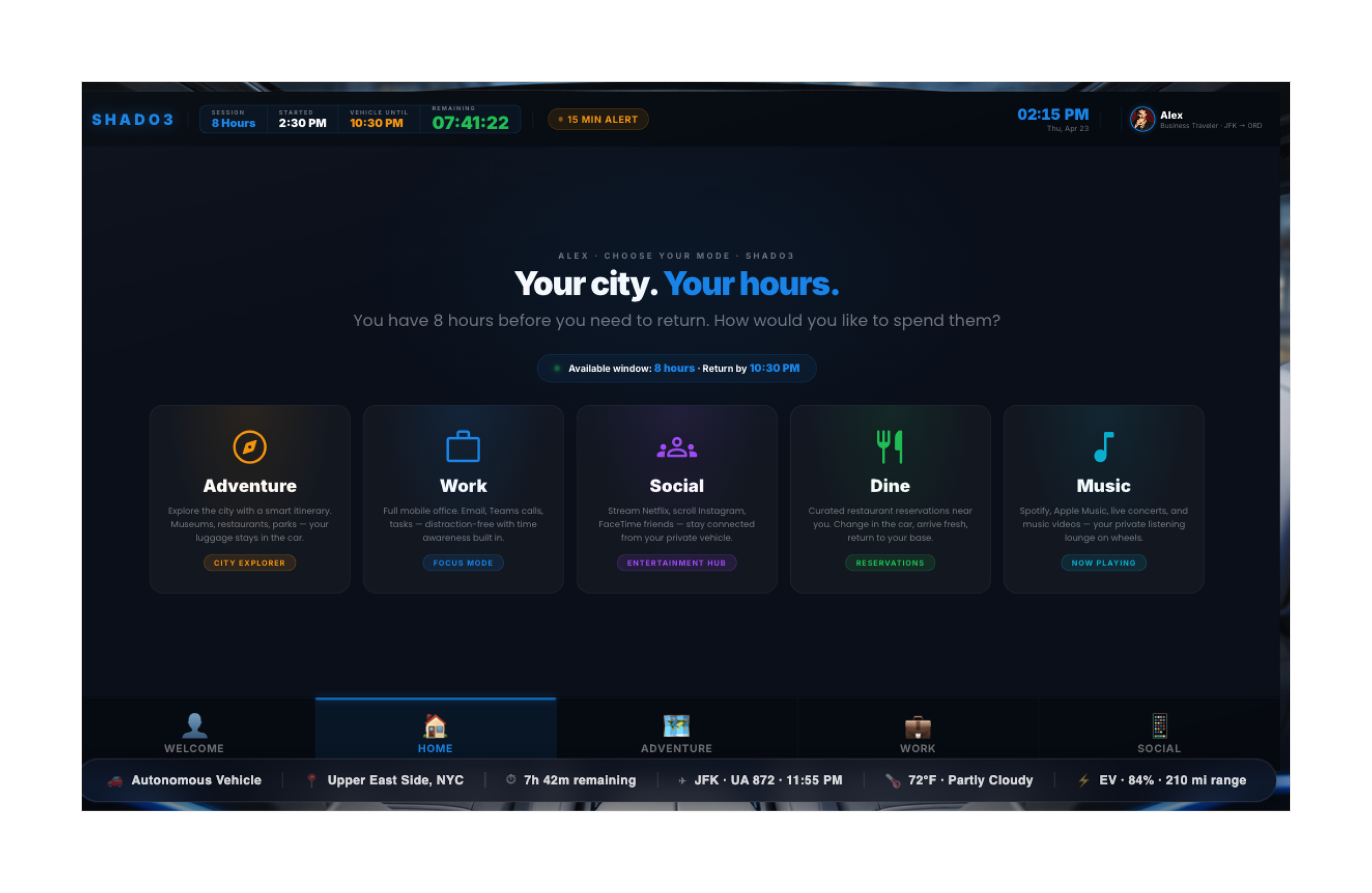 In-vehicle home — Your city, your hours