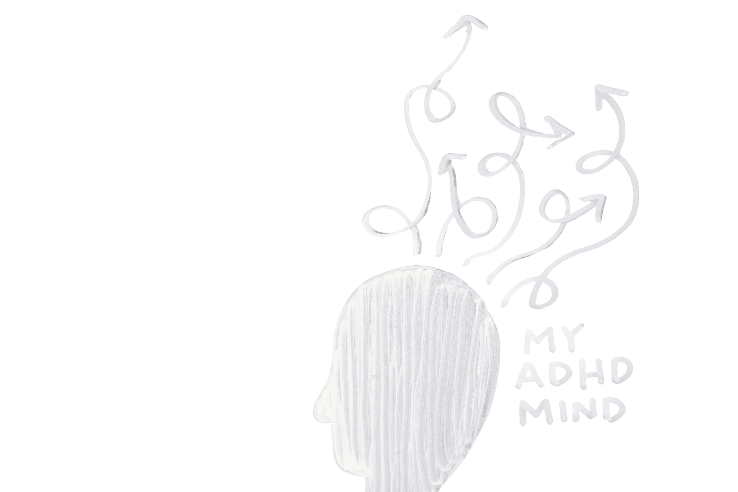 A white silhouette of a person's head with scribbled lines representing chaotic thoughts or mind activity, labeled as 'My ADHD Mind'.