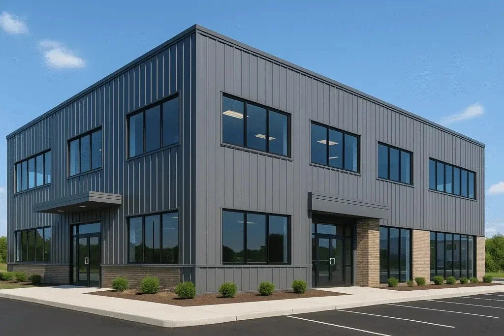 Modern two-story commercial office building with metal siding, large windows, brick accents, and parking lot in front.
