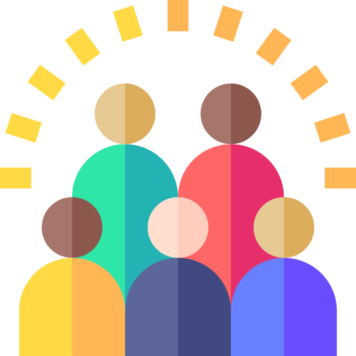 Illustration of six diverse people with colorful clothing, arranged in a circle with yellow and orange shaded semicircular bars around the top.
