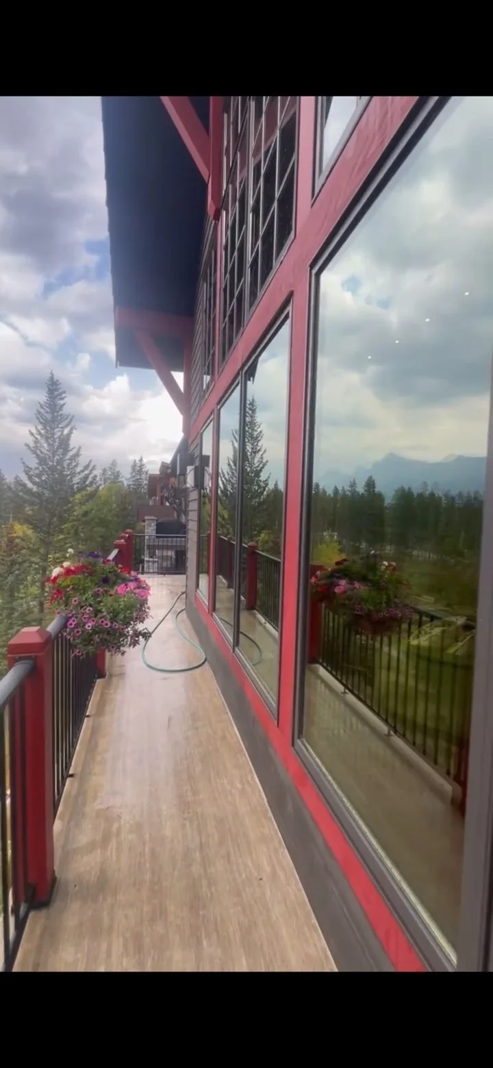 Balcony with flower pots, a hose, and a view of trees and mountains in the distance.