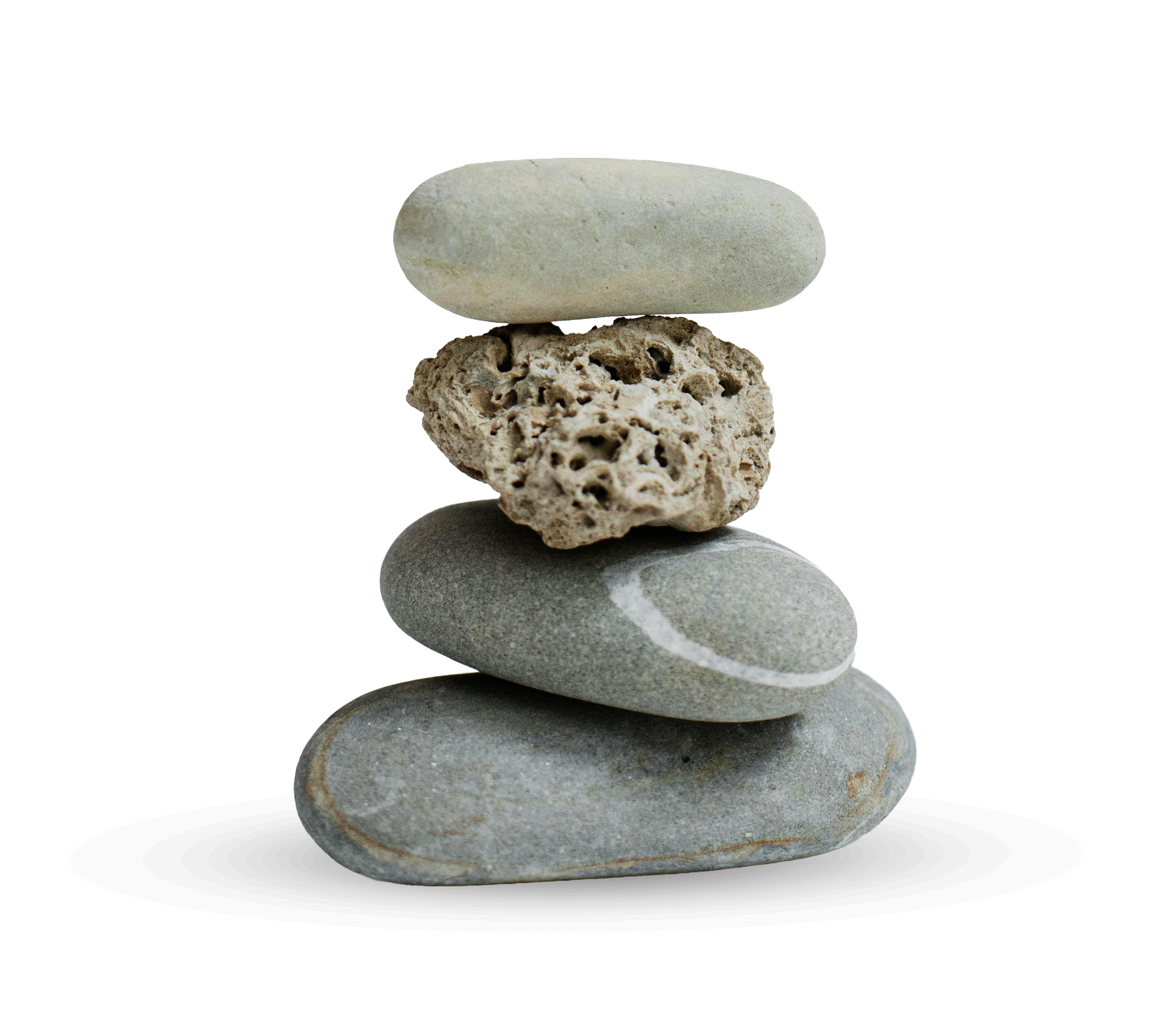 Stacked smooth objects including white, porous, gray, and stone-like rocks.
