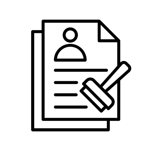 Graphic of a document with a user icon, lines of text, and a stamp icon in the foreground.