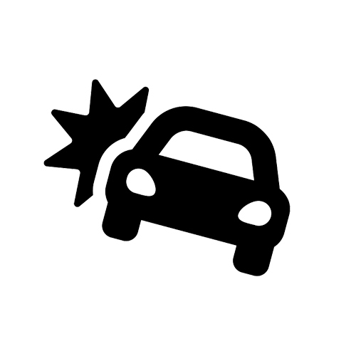 Outline of a car crashing into a barrier with a starburst symbol in the background.
