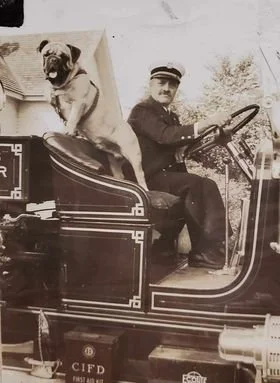 A man dressed as a conductor sitting in a vintage train car with a dog sitting beside him.