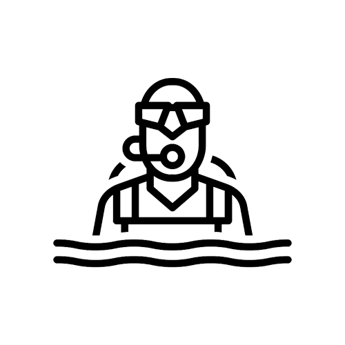 Outline icon of a scuba diver with a mask and snorkel, partially submerged in water.