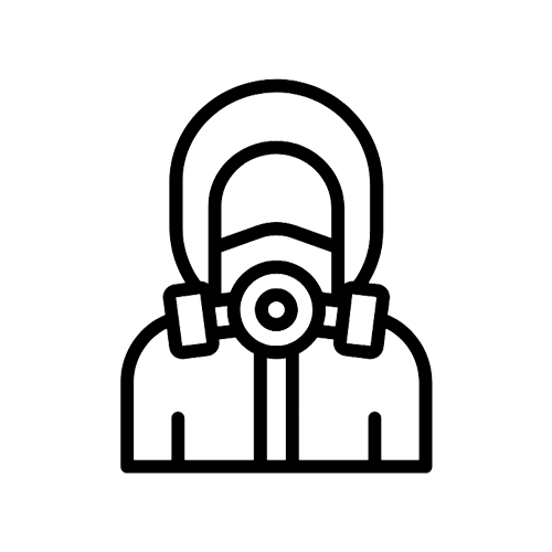Outline of a person wearing a hoodie, headphones, and a gas mask.
