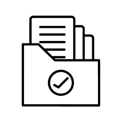 Outline of a file folder with a checkmark on it, containing documents and bar graphs.