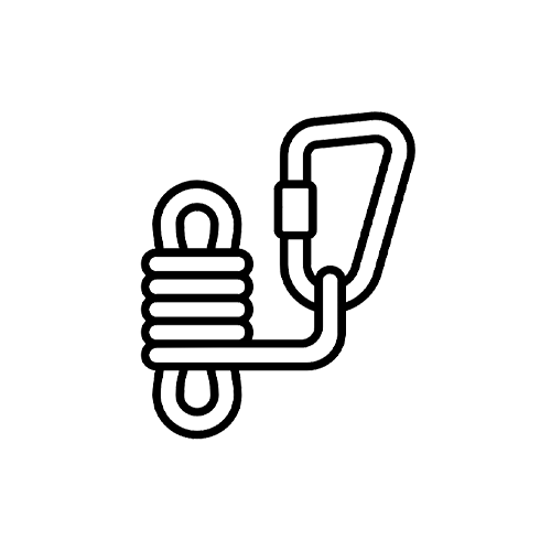 Outline graphic of a climbing carabiner and a coiled climbing rope.
